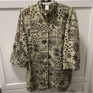 Vintage TRADITION Green and Brown Safari Patterned Button-Up Shirt | Size 12 WMN